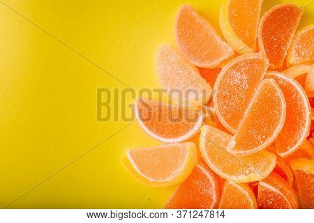 Macro Photo Multi-colored Marmalade Jelly Candy's. Dessert Marmalade In The Form Of Lemon And Orange