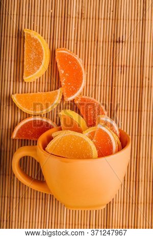 Macro Photo Multi-colored Marmalade Jelly Candy's. Dessert Marmalade In The Form Of Lemon And Orange