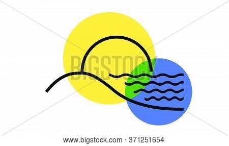 Minimalist Beach Illustration In Line Style And Ovelapping Circles. Vector Illustration For Summer, 