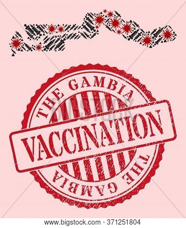 Vector Mosaic The Gambia Map Of Corona Virus, Dose Icons, And Red Grunge Vaccination Stamp. Virus Pa