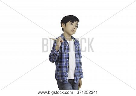 A Portrait Of A Young Asian Elementary School Student Wearing A Plaid Shirt And A Drumstick.