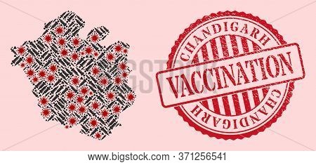 Vector Mosaic Chandigarh City Map Of Covid-2019 Virus, Vaccine Icons, And Red Grunge Vaccination Sea