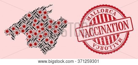 Vector Mosaic Mallorca Map Of Sars Virus, Vaccine Icons, And Red Grunge Vaccine Stamp. Virus Particl