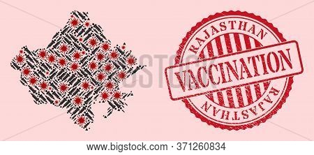 Vector Mosaic Rajasthan State Map Of Flu Virus, Treatment Icons, And Red Grunge Vaccine Seal Stamp. 