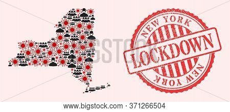 Vector Collage New York State Map Of Sars Virus, Masked People And Red Grunge Lockdown Seal Stamp. V