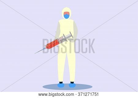 Doctor Wearing Hazmat Holding Injection Concept. Vaccine Vector Illustration. Flat Design