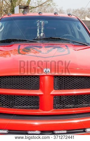 Bordeaux , Aquitaine / France - 06 10 2020 : Dodge Ram Truck Logo Sign On Front Red Car