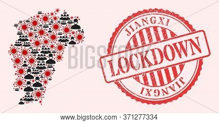 Vector Collage Jiangxi Province Map Of Covid-2019 Virus, Masked Men And Red Grunge Lockdown Seal. Vi