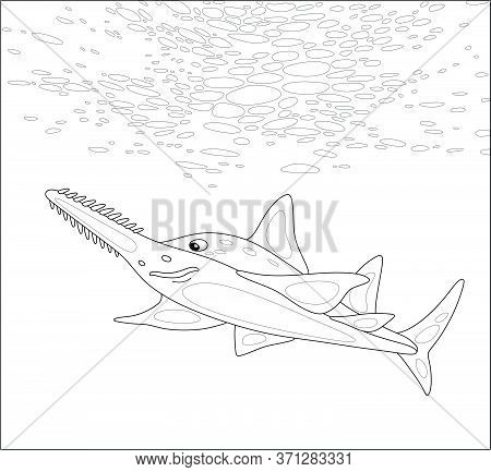 Large Sinister Marine Largetooth Sawfish Swimming In Depth Of A Tropical Sea, Black And White Outlin