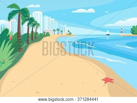 Sandy Beach Flat Color Vector Illustration. Coastline With Skyscrapers And Tropical Palms. Exotic Su