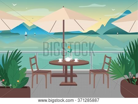 Street Restaurant At Seaside Resort Flat Color Vector Illustration. Served Cafe Table On Terrace. Se