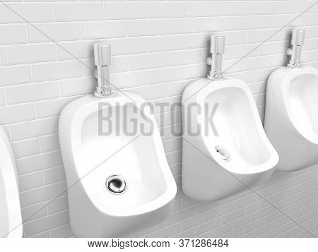 Urinal Toilets. Public Bathroom With Several Wall-hung Urinals. 3d Rendering Illustration