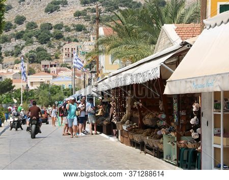 Symi, Greece - June 14, 2020: Sponge Shops In Symi Town, Symi Island, Greece