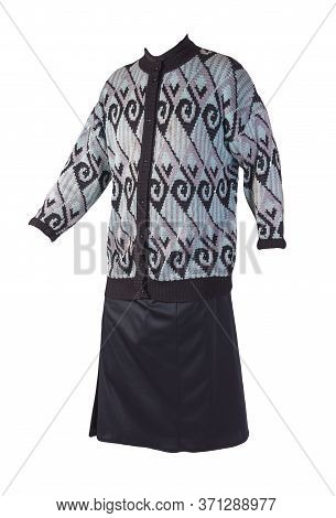Female Long Black Skirt And Knitte Turquoise Black Sweater Isolated On White Background.comfortable 