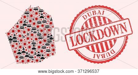 Vector Collage Dubai Emirate Map Of Sars Virus, Masked Men And Red Grunge Lockdown Stamp. Virus Part