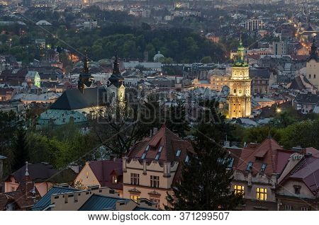 Night View Of Weastern European City Lviv, Architecture Background