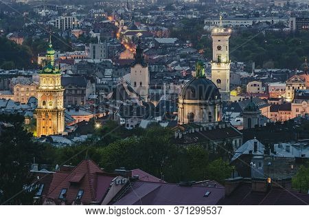 Night View Of Weastern European City Lviv, Architecture Background