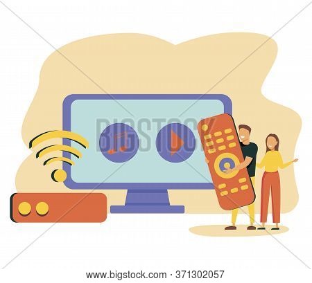Tiny People Watch Video With Remote Control And Television Multimedia Box. Smart Tv Box, Smart Tv Co