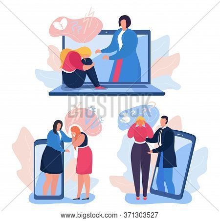 Online Psychology Help, Vector Illustration. Psychotherapy For Patient Health, Psychologist Support 