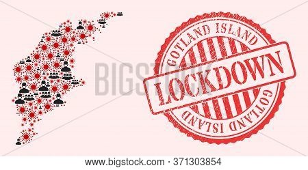 Vector Mosaic Gotland Island Map Of Flu Virus, Masked People And Red Grunge Lockdown Seal Stamp. Vir