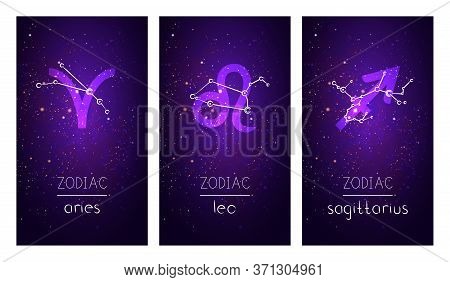 Set Of Three Cards With Signs Of The Zodiac, Astrological Constellations And Hand Drawn Lettering Ag