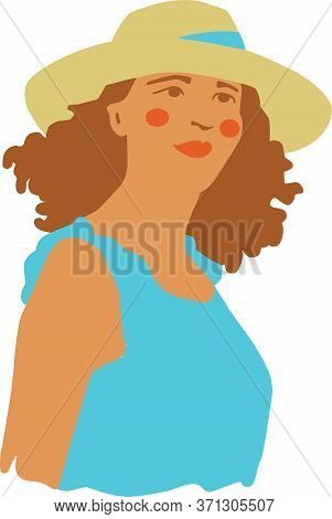 Vector Portrait Of A Pretty Woman Wearing Hat. Summer Season Theme. Young Brunette Lady In Blue Dres