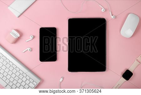 Mockup Of Smart Gadgets On The Background Of Office Items On Pink Background. Mockup Of Tablet And S
