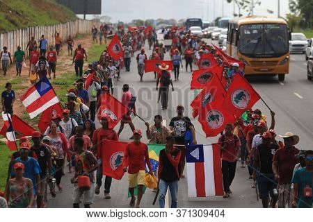 Salvador, Bahia / Brazil - April 15, 2019: Members Of The Landless Movement Are Seen During Protest 