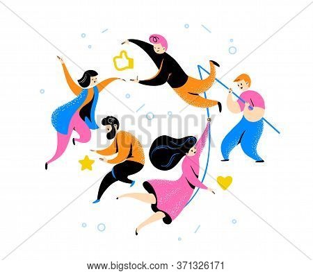 Positive Feedback Concept With Tiny People And Review Star, Thumb Up, Like Icons Isoltaed On White B