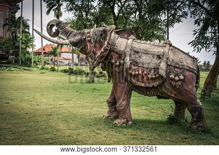 Bali, Indonesia - January 12, 2018: Stone Elephant  Statue On Territory Of Rudana Art Museum. Rudana