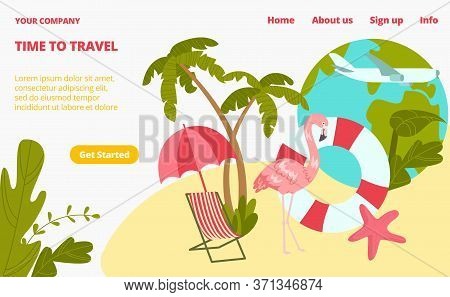 Pink Flamingo Stay Beach Chair And Palm Tree Landing Web Page, Concept Banner Website Template Carto