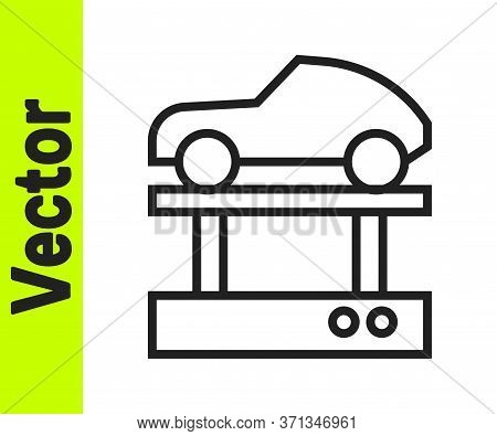 Black Line Repair Car On A Lift Icon Isolated On White Background. Repair Of The Underbody, Suspensi