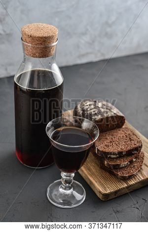 Traditional Russian Drink Kvass Made From Bread, Rye Malt, Sugar And Water. Kvass In Bottle With Rye