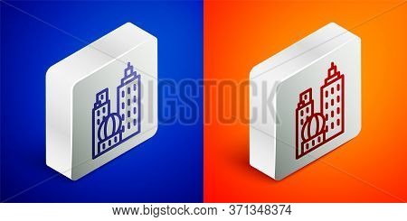 Isometric Line City Landscape Icon Isolated On Blue And Orange Background. Metropolis Architecture P