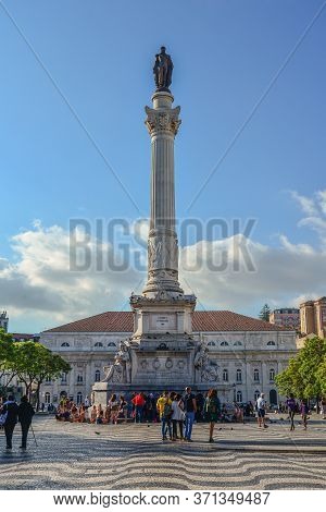 Lisbon, Portugal - July 2, 2019: Tourists At The Popular Rossio Square (also Known As Pedro Iv Squar