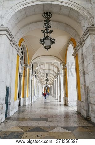 Lisbon, Portugal - July 3, 2019: Abstract Bottom View Of The Inside Arch. Detail Of The Augusta Stre