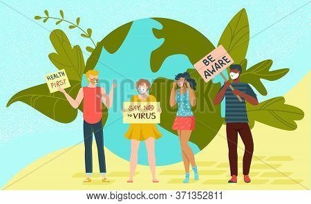 Rally Protest People, Say No Virus And Health First Banner Flat Vector Illustration. Character Male 