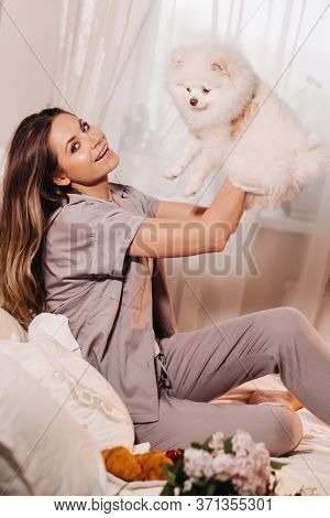 A Girl In Pajamas Sits In Bed At Night With Her White Dog Watching A Laptop And Eating Sweets.girl W