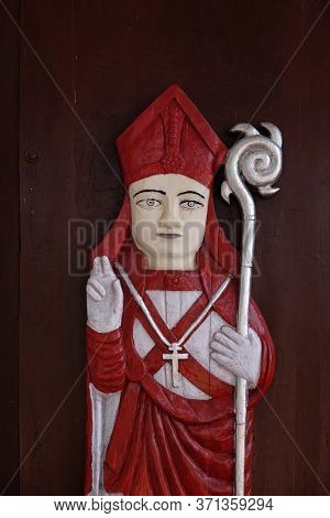 St. Blaise, the door of St. Blaise Catholic Church in Gandaulim, Goa, India