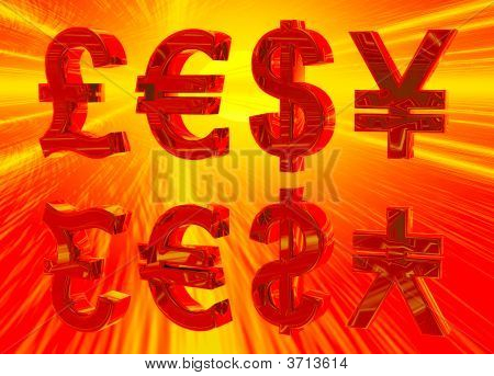 Euro Pfund Dollar und Yen Symbole in gold