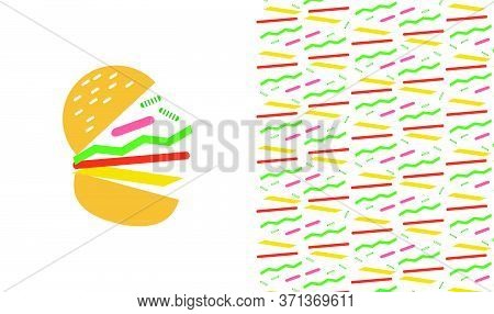Burger Logo Design, Flat Style Including Pattern To Match. Vector Logo Template For Companies Brandi