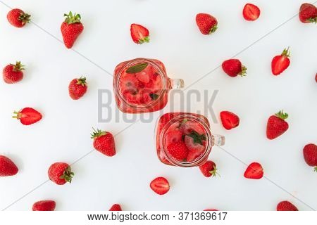 Strawberry And Drink Mde Of Berry On White Background. Flat Lay. Top View. Summer Sweet Berries