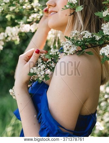 Sensual Calm Portrait Of Beautiful Hipster Woman In Blooming Bush With White Flowers Of Spirea. Copy