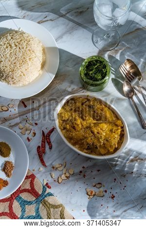 Authentic Indian Almond Chicken Korma Curry Dinner With Basmati Rice And Green Chutney
