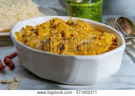 Authentic Indian Almond Chicken Korma Curry Dinner With Basmati Rice And Green Chutney
