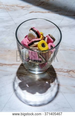 Colorful Gourmet English Licorice Candies On Marble Table