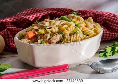 Chicken Pot Pie Noodle Casserole With Sun Shining In Through Window