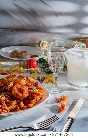 Gluten-free Fusilli Pasta In Creamy Vodka Tomato Sauce With Sausage Shrimp And Green Peas