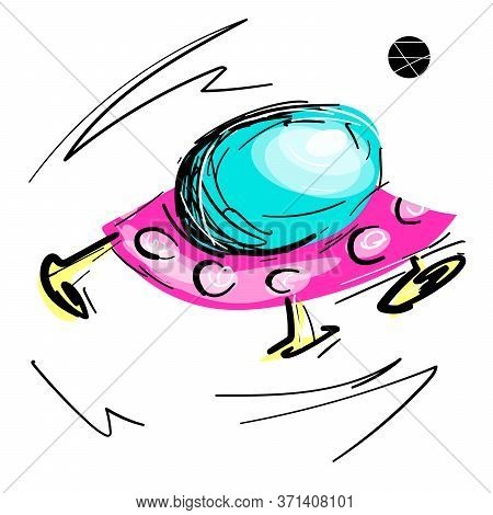 Stock Vector Illustration Of Colorful. Space Illustration Hand Drawn, Cartoon Style Ufo On White Iso