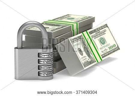 money and padlock on white background. Isolated 3D illustration